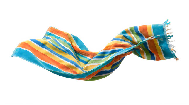 Colorful striped cotton beach towel flying in the air