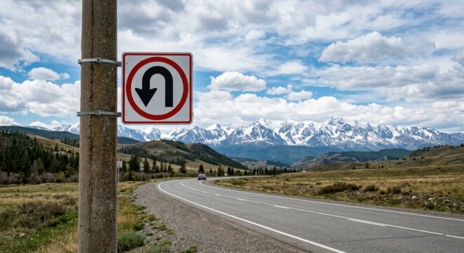 U Turn Road Sign on Remote Mountain Highway with Snowy Peaks and Blue Sky
