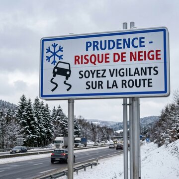 Snow risk warning sign on a snowy highway winter driving caution prudence message