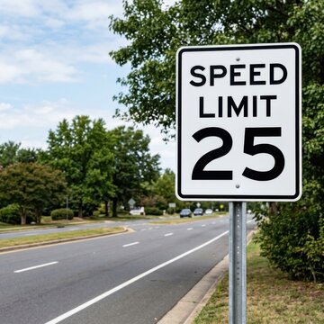 Speed Limit 25 Sign on a Suburban Roadside with Trees and Blue Sky