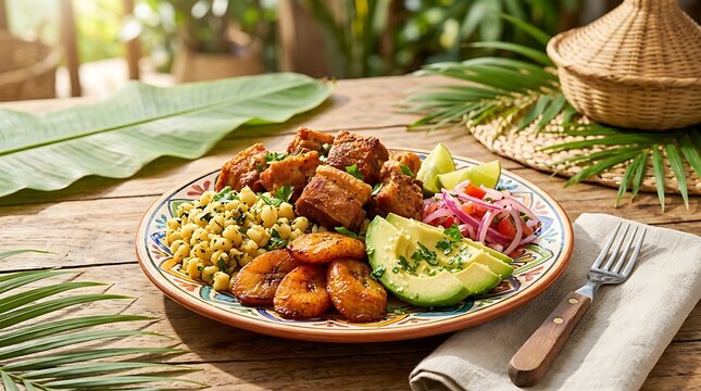 Traditional Ecuadorian Fritada plate with pork mote and fried plantains