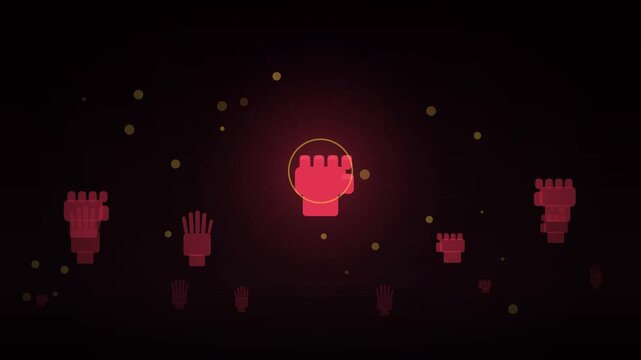 Premium flat vector motion background. Silhouetted raised fists and open palms rise in a staggered solidarity wave from multiple depth layers &mdash; far, mid, near, and a large central hero fist &mdash; building