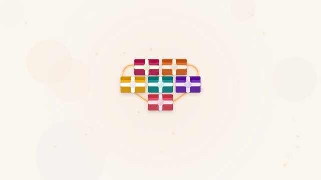 Premium flat vector donation animation. Six colored gift box tiles fly through the air along unique cubic B&eacute;zier trajectories and snap together to form a heart shape. Each tile snaps into its slot wit