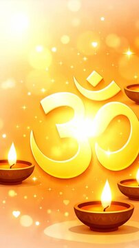 Golden om symbol with glowing oil lamps and sparkling bokeh background. spiritual diwali celebration with warm festive lights and serenity.