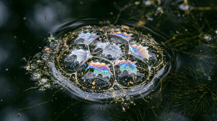 Fototapeta premium Iridescent soap bubbles floating on a dark green pond surface showcasing vibrant rainbow colors and reflective watery textures during a peaceful outdoor nature moment