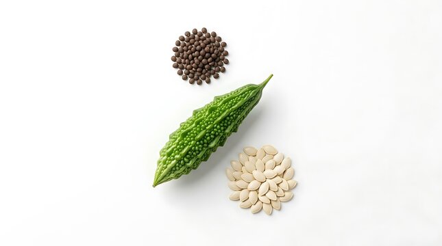 Bitter melon with brown and white seeds arranged on a white background