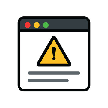 A digital vector icon of a computer software window displaying a yellow warning symbol and text placeholders on a transparent background
