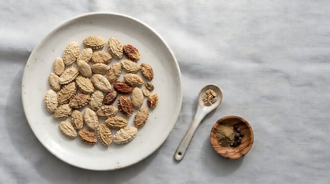 Assorted roasted nuts on white plate with wooden spoon for healthy snacking or food blog