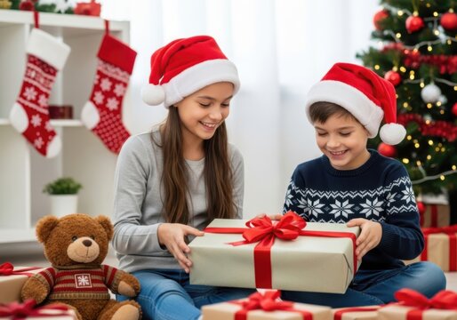 Children opening christmas gifts