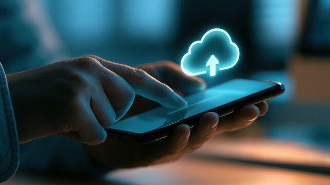 Mobile phone held in hands interacting with a luminous digital cloud upload icon in a dimly lit workspace.