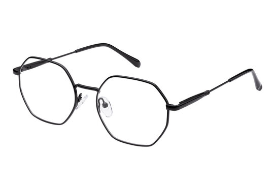 Thin black metal eyeglasses with hexagonal lenses, retro geometric style, isolated on white background, studio shot