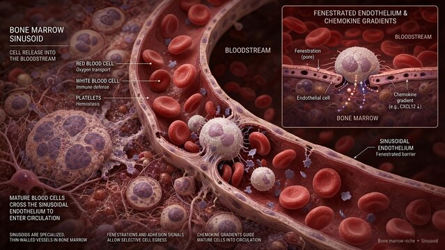 Medical 3d model of a bone marrow sinusoid showing mature blood cells crossing the endothelial barrier with a zoomed inset of the fenestrated endothelium and chemical signaling gradients