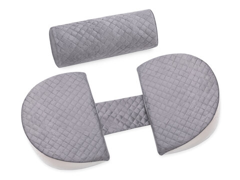 Pregnancy set, gray quilted pillow and bolster roller isolated on white background, top view