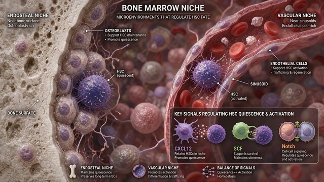 Scientific model of the bone marrow niche displaying the endosteal and vascular compartments with a zoomed inset illustrating signaling molecules like CXCL12, SCF, and Notch regulating cells