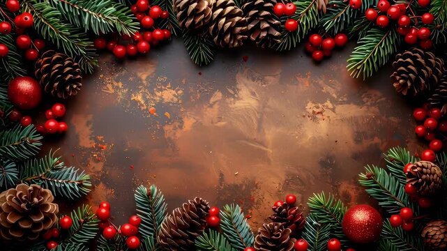 A festive Christmas border of pine branches, red berries, and cones surrounding a textured brown background. Perfect for holiday greetings, video overlays, and seasonal design elements.