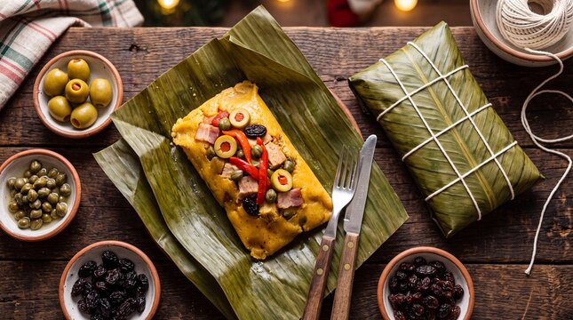 Traditional Venezuelan Hallaca Christmas Dish in Plantain Leaf with Olives, Capers, Raisins and Peppers on Rustic Wooden Table