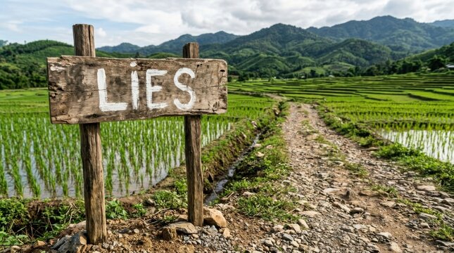 Rustic wooden signpost with the word LIES pointing down a dirt road through lush green rice terraces in a mountainous landscape