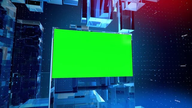 World News Studio Broadcast Intro Green Screen Frame with Abstract Blue Glass Cubes Motion Graphics with six green screen animation frames