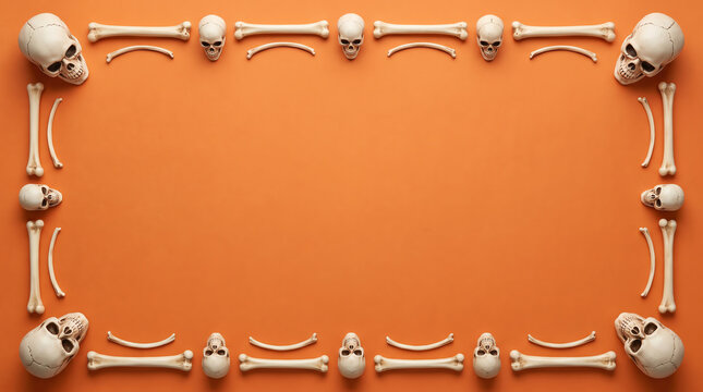 A skull and bone border creates a frame against an orange background anatomy calavera calvarium cranium