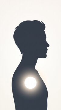 Silhouette of a person with a glowing circle on the chest against a white background