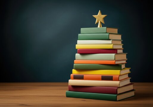 Christmas tree made of stacked colorful books