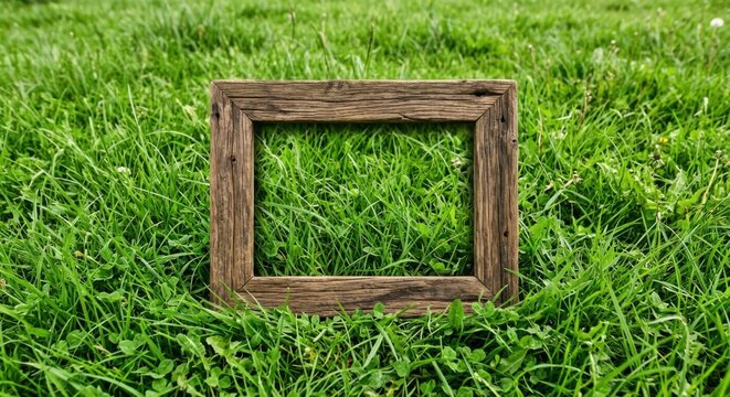 Rustic wooden picture frame on lush green grass empty space for text nature background