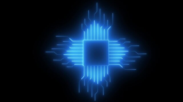 glowing neon computer processor , CPU motherboard digital chip icon on a black background,Motion graphic of digital logo with futuristic technology