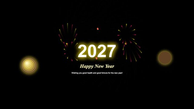 Golden 2027 New Year with fireworks and glowing light orbs