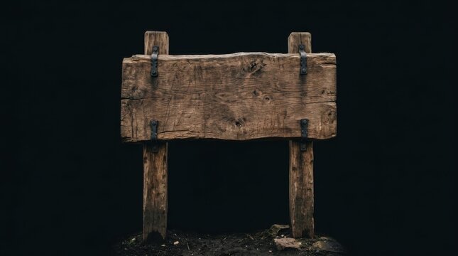Rustic Wooden Signpost Isolated on Black Background Empty Message Board Outdoor Navigation Element