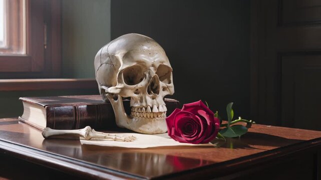 Skull resting on a wooden table beside a red rose and an open book, illuminated by natural light from a nearby window, creating a serene and contemplative atmosphere