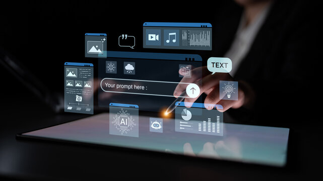 Prompt driven AI interface enabling text, image vision, audio and media video data neural asset and tool in smart creation chat workspace edit. Future NLP AI native visual reasoning omni model. Corpus