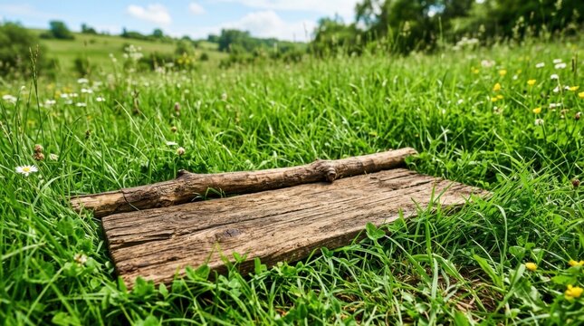 Rustic wooden platform and branch in lush green meadow with wildflowers countryside scene