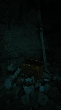 In the depths of a shadowy cave, a weathered treasure chest rests among scattered stones. The dim light reveals its rusty hinges and hints of golden contents inside, evoking mystery and adventure.