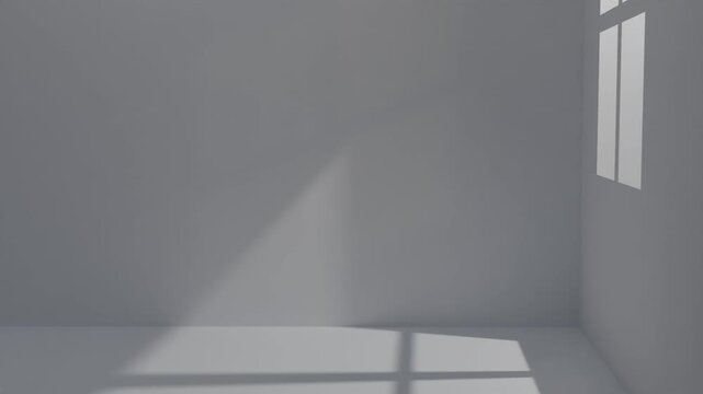 Window shadow moving across a minimalist white wall in a clean empty room with soft natural sunlight illumination. 3D rendering