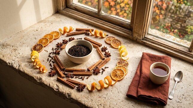 Citrus and spice arrangement for autumn welcome tea