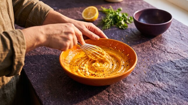 Hands whisk saffron yogurt sauce in an orange bowl