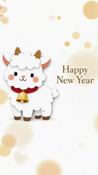 Cute cartoon white sheep with a bell and red scarf leaping across a festive happy new year background with golden bokeh circles