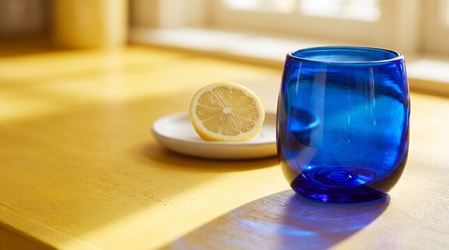 Cobalt sculptural glass with lemon on yellow