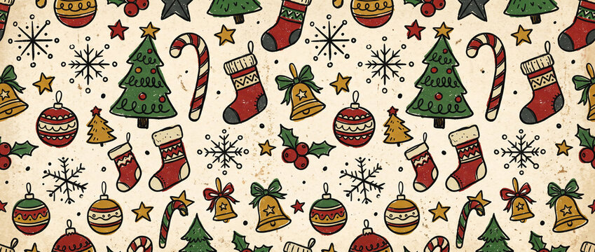 Seamless christmas pattern texture background designs with hand-drawn festive elements including christmas trees, candy canes, stockings, bells, and snowflakes on vintage background