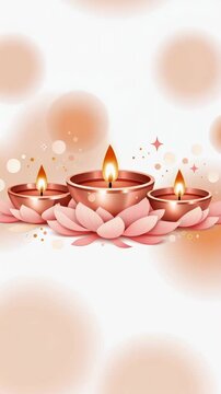 Illuminated oil lamps on pink lotus petals with soft bokeh background for diwali. festive diyas arranged for spiritual celebration and ritual.
