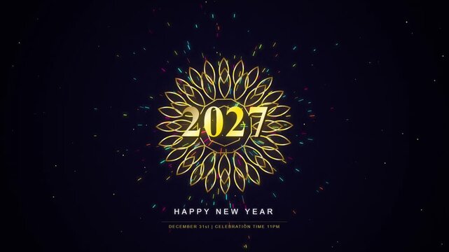 Golden 2027 New Year floral mandala with festive confetti