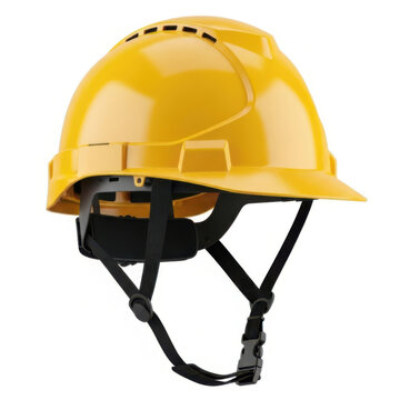 Bright yellow hard hat with black strap and chin guard