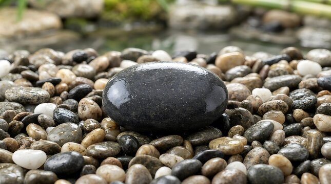 Large smooth black river pebble resting on bed of wet pebbles with meditation background tranquil relaxing wellness textured peaceful