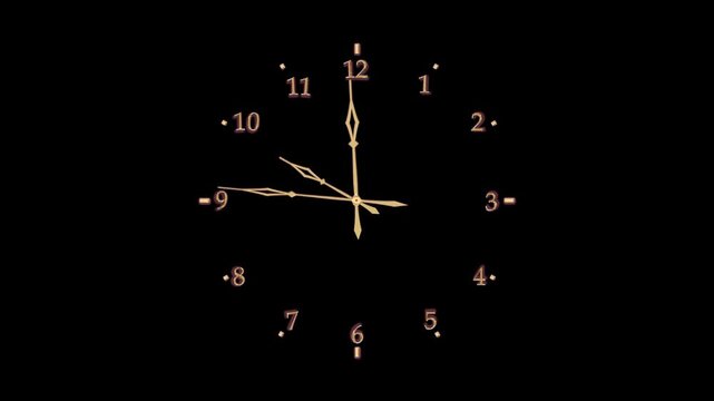 The watch's dial is black with gold hands neon Arabic numerals 10 o'clock green screen. Computer graphics.