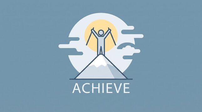 Person standing on a mountain peak to achieve a goal