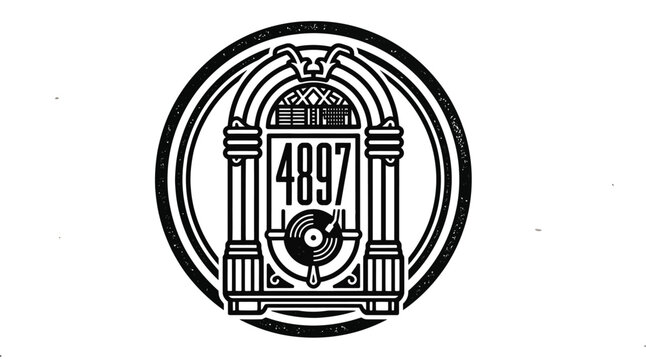 Vintage jukebox emblem vector illustration, retro music player logo design, black and white line art music icon