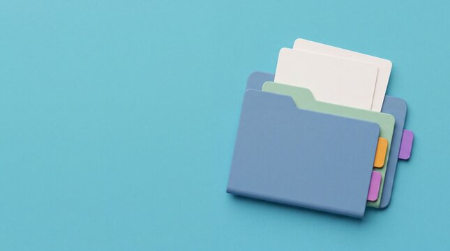 Colorful plastic file folders with paper inserts on blue background