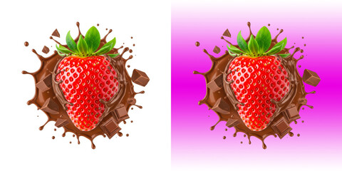 Fresh red strawberry with liquid melted chocolate splash and chunks 3D transparent png © Real PNG
