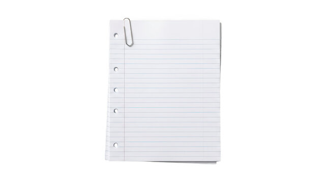 A stack of lined paper held together by a paperclip isolated on transparent background