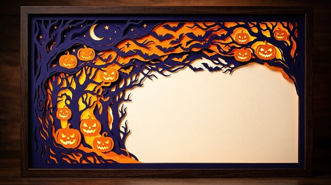 Layered papercut style halloween scene with spooky trees, pumpkins, and bats